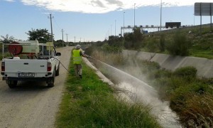 Treballador del Servei de Control de Mosquits del Baix Llobregat aplicant un insecticida contra les larves aqüàtiques